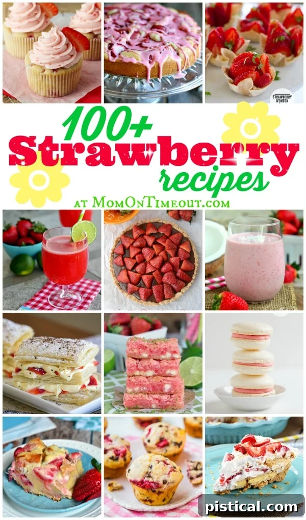 A Berry Burst of Strawberry Delights 2 A vibrant collage featuring over 100 diverse strawberry recipes, including cakes, pies, muffins, and drinks, enticing viewers to explore the collection on MomOnTimeout.com