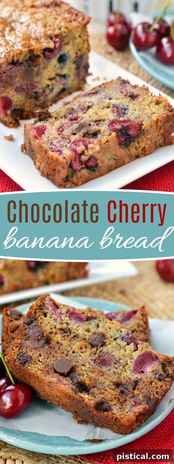 A large, beautifully styled image of Chocolate Cherry Banana Bread, perfect for Pinterest, highlighting its moist texture and delicious inclusions. Features the text 'Chocolate Cherry Banana Bread! The chocolate and cherry combination is the perfect complement to this tasty banana bread. Exceptionally moist and tender, you won't be able to stop at just one slice! Prepare to be amazed! // Mom On Timeout #banana #bread #chocolate #cherry #recipe #bananabread #ripebananas #momontimeout'