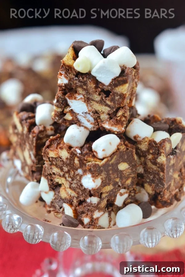 Easy Rocky Road S'mores Bars topped with melted chocolate and mini marshmallows, perfect for a summer dessert