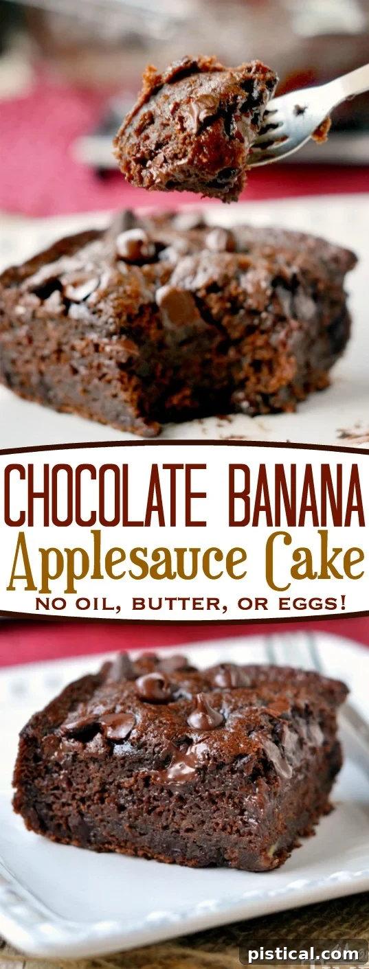 A close-up of a slice of moist Chocolate Banana Applesauce Cake, made without oil, eggs, or butter, perfect for snacking. Recipe by Mom On Timeout.