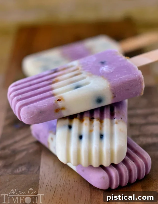 Finished Blueberry Breakfast Parfait Pops removed from the mold, ready to be enjoyed. MomOnTimeout.com #ad