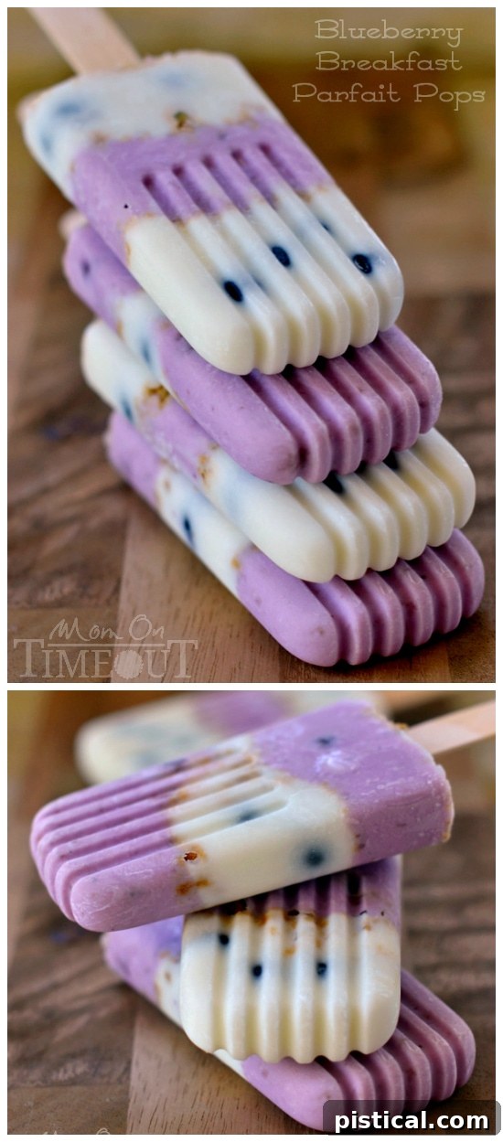 Full display of Blueberry Breakfast Parfait Pops ready to serve. MomOnTimeout.com #ad