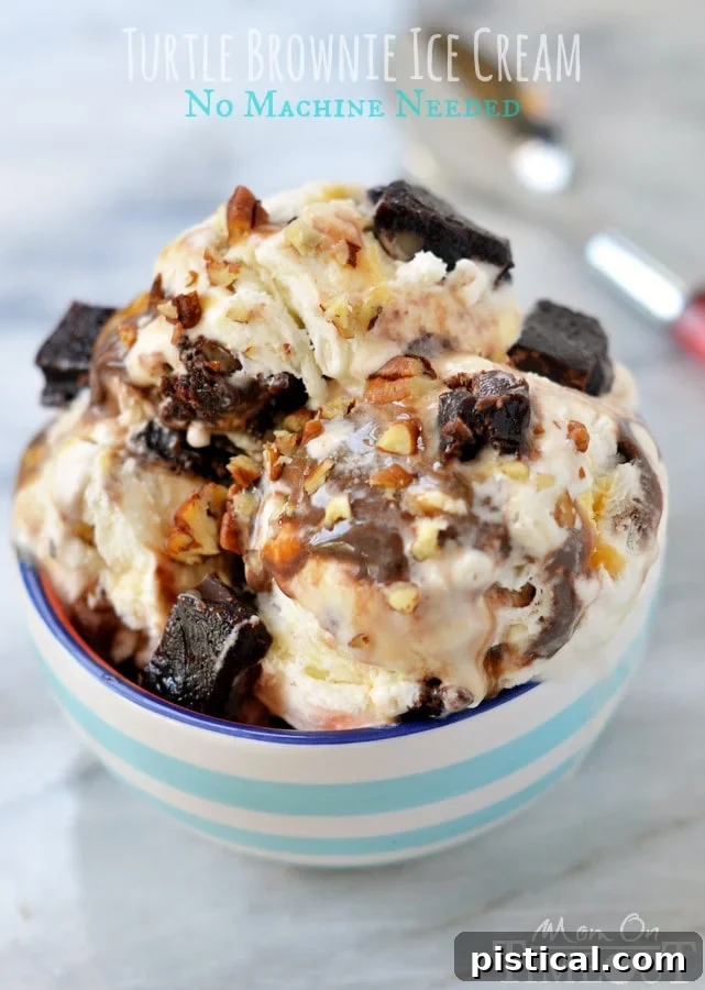 Satisfy your chocolate cravings and beat the heat with totally decadent Turtle Brownie Ice Cream - no machine needed! MomOnTimeout.com