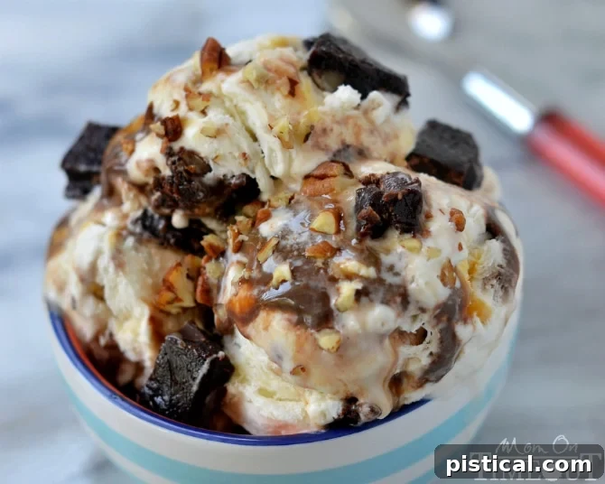 Satisfy your chocolate cravings and beat the heat with totally decadent Turtle Brownie Ice Cream - no machine needed! MomOnTimeout.com #ad