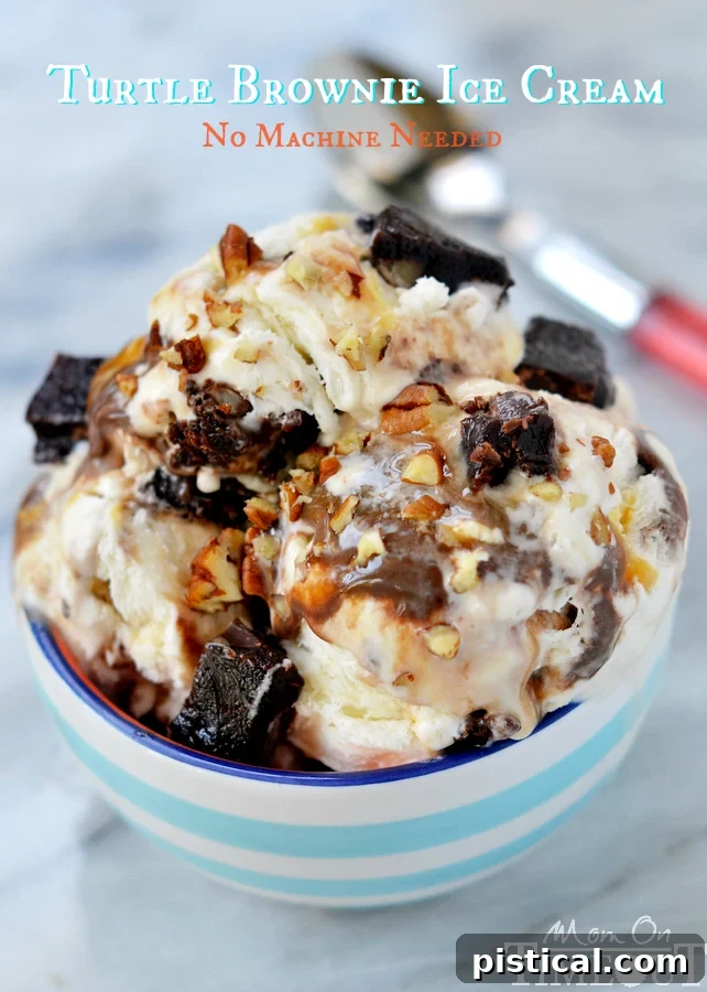 Satisfy your chocolate cravings and beat the heat with totally decadent Turtle Brownie Ice Cream - no machine needed! MomOnTimeout.com #ad