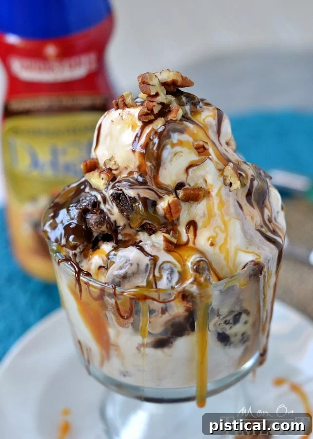 Satisfy those chocolate cravings and beat the heat with totally decadent Turtle Brownie Ice Cream - no machine needed! MomOnTimeout.com #ad