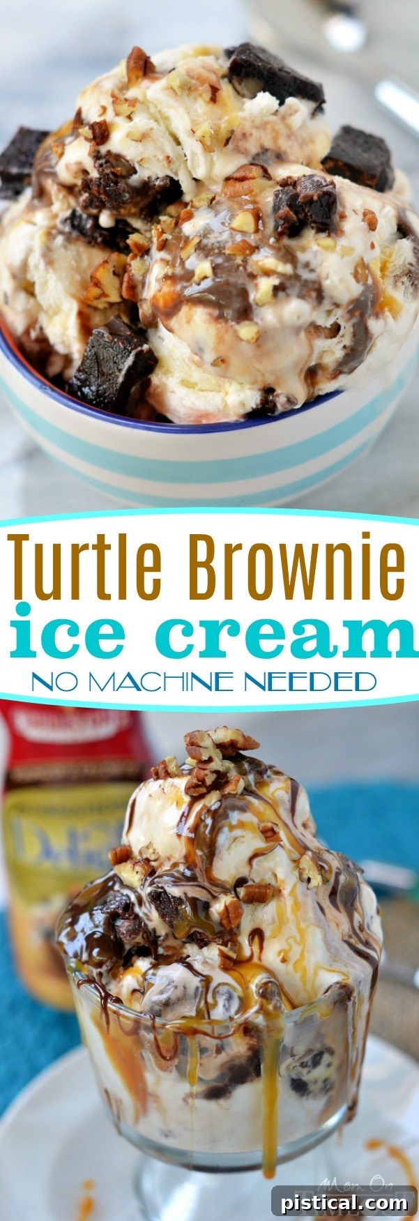 Satisfy those chocolate cravings and beat the heat with this totally decadent Turtle Brownie Ice Cream - no machine needed! // Mom On Timeout