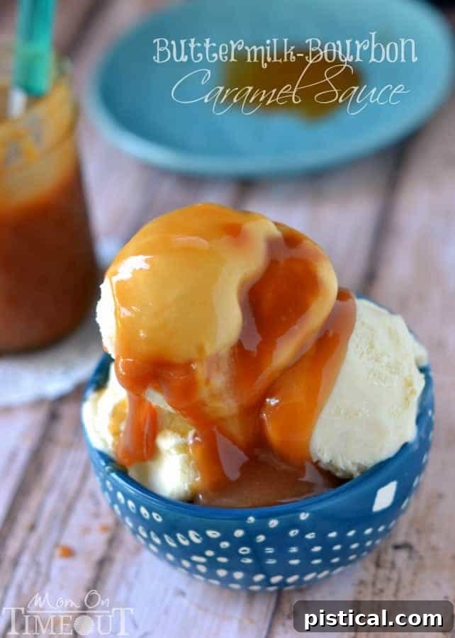 Velvet Bourbon Buttermilk Caramel 2 Rich and creamy Buttermilk Bourbon Caramel Sauce drizzled over dessert, homemade and better than store-bought. MomOnTimeout.com