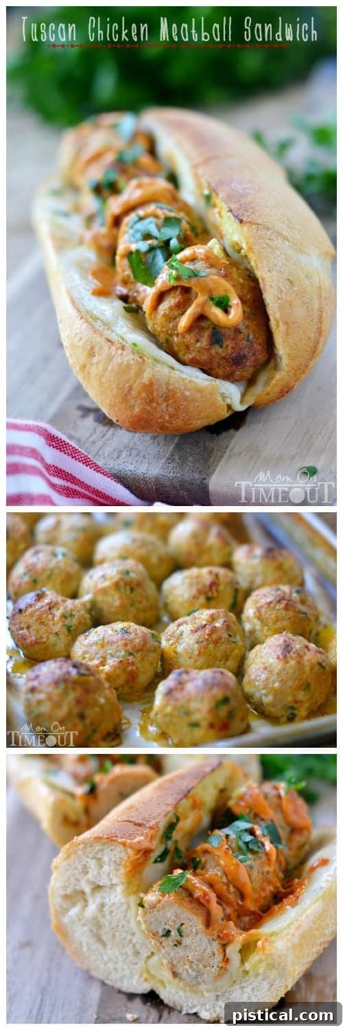 A tall stack of Tuscan Chicken Meatball Sandwiches showing the layers of flavor.