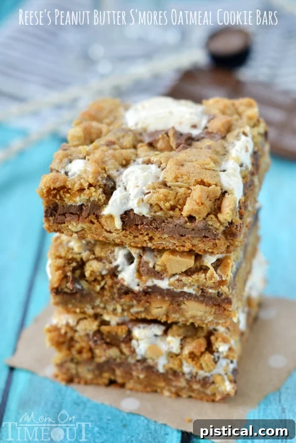 Baked Reese's Peanut Butter S'mores Oatmeal Cookie Bars, golden brown and gooey