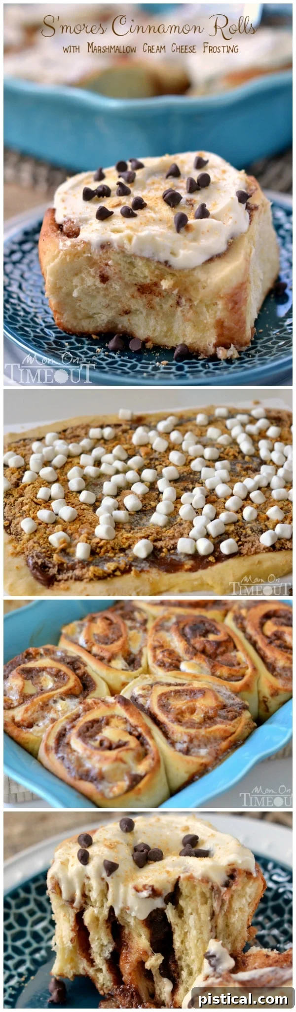 Large collage of S'mores Cinnamon Rolls, showing various angles and the delicious texture, perfect for sharing