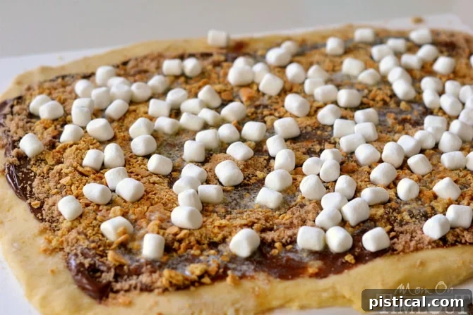 Close-up of baked S'mores Cinnamon Rolls, showing golden-brown edges and melted marshmallow pockets, a truly indulgent dessert