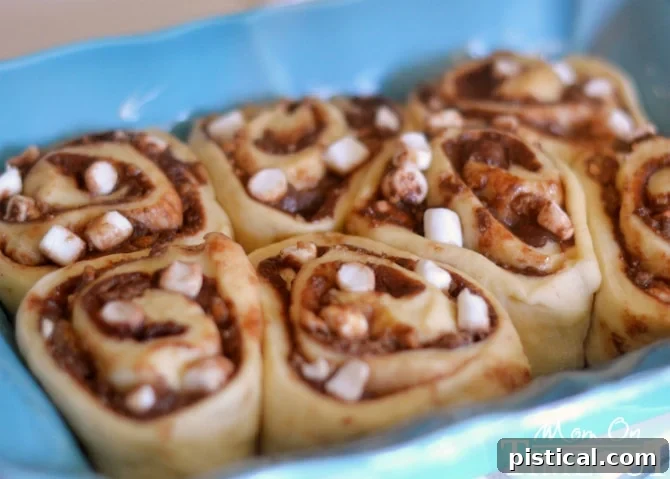 Unbaked S'mores Cinnamon Rolls dough spread with Nutella, graham cracker crumbs, and marshmallows, ready for baking