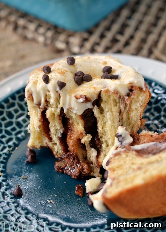 Overhead shot of S'mores Cinnamon Rolls, showcasing the beautiful toppings and gooey layers, an ultimate indulgent breakfast