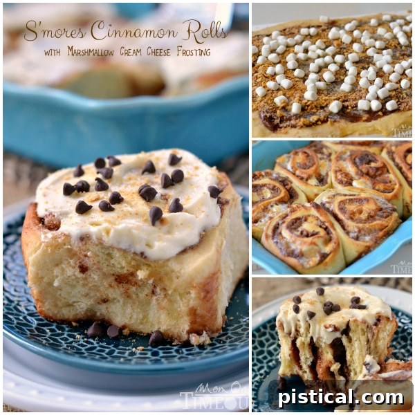S'mores Cinnamon Rolls in a baking dish, glistening with marshmallow cream cheese frosting and toppings, ready to serve