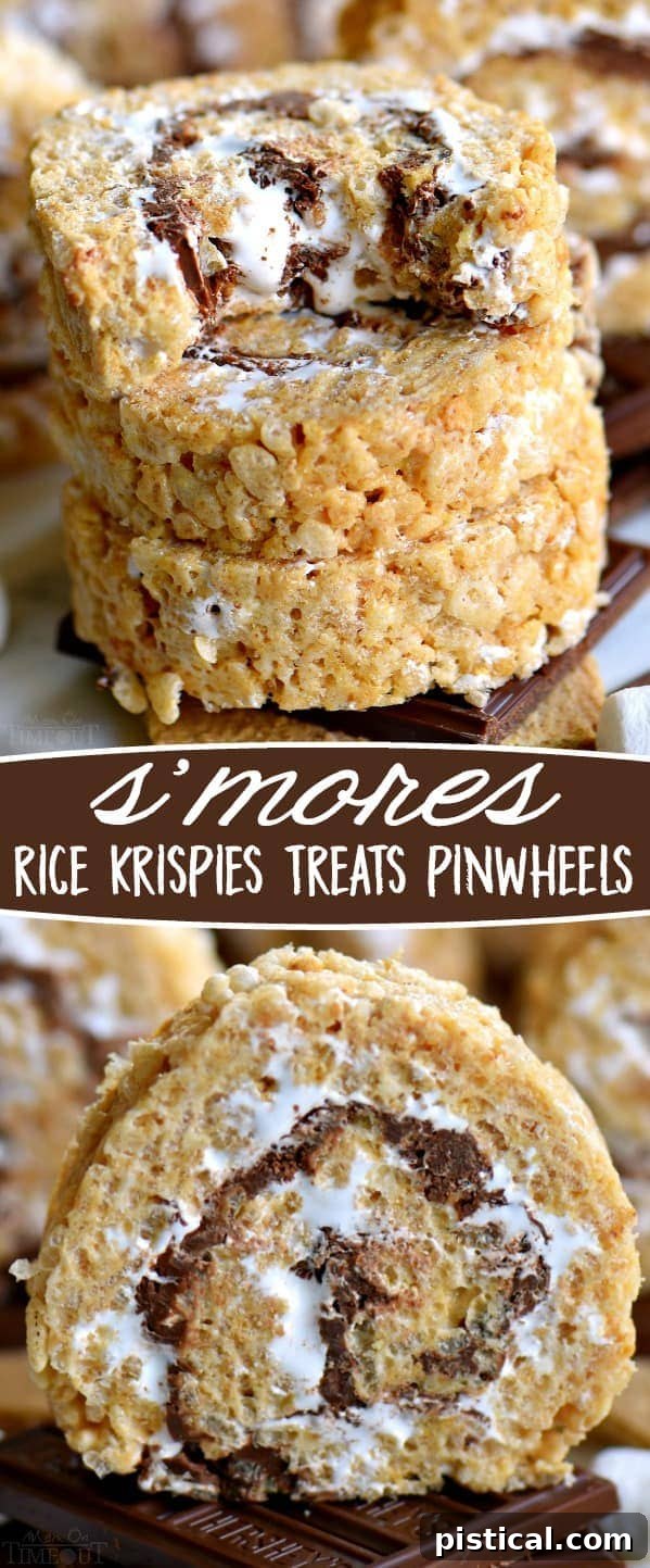 Smores Swirl Krispie Pinwheels 10 A vibrant, close-up shot of S'mores Rice Krispies Treats Pinwheels, highlighting the delicious layers and inviting texture.