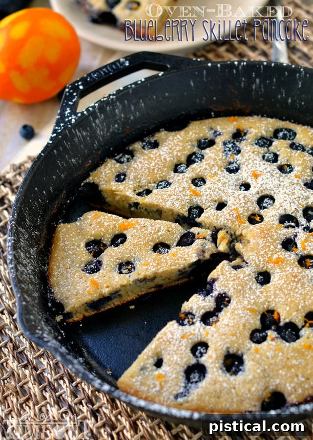 Golden Blueberry Skillet Pancake 3 A close-up of a delightful Oven-Baked Blueberry Skillet Pancake, bursting with juicy blueberries and enhanced with vibrant orange zest and warm cinnamon. A perfect, hassle-free breakfast solution. | MomOnTimeout.com #breakfast #blueberries #pancakes