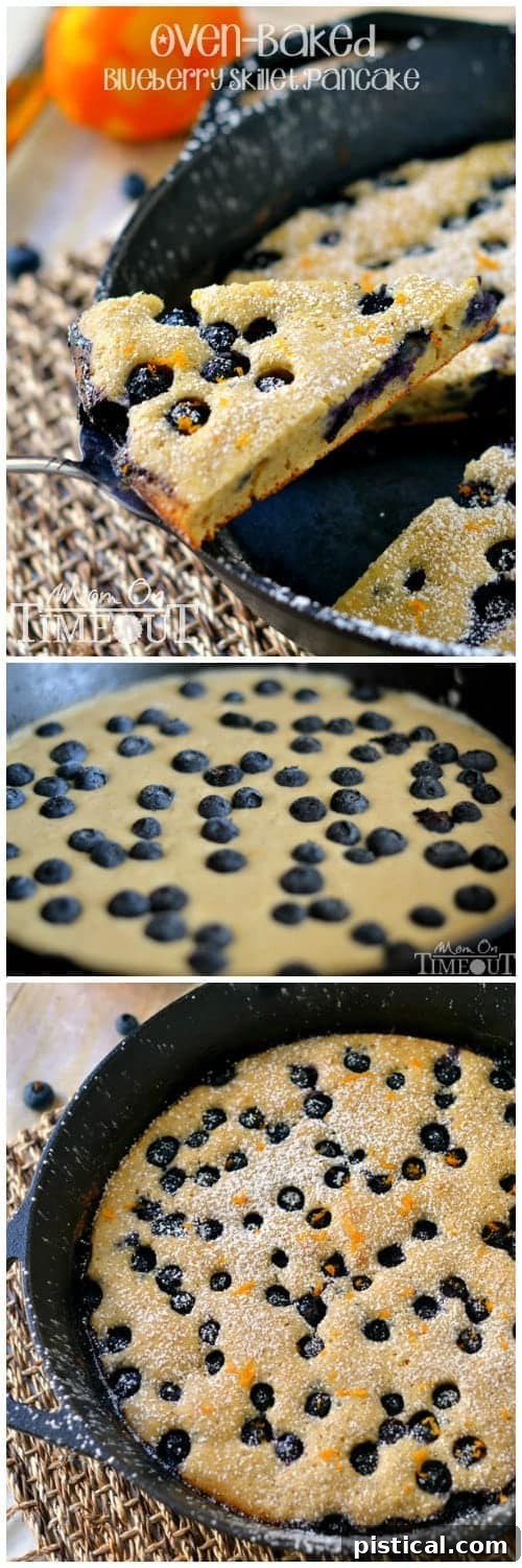 Golden Blueberry Skillet Pancake 8 A stunning vertical shot of the baked Oven-Baked Blueberry Skillet Pancake, highlighting its golden crust and vibrant blueberry topping, ready to be sliced and enjoyed. | MomOnTimeout.com #breakfast #blueberries #pancakes