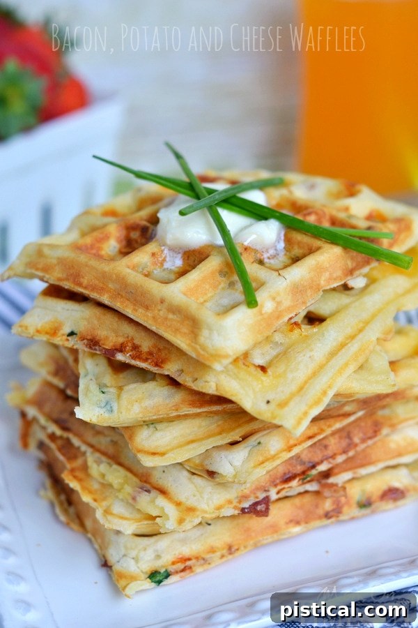 Loaded Potato Bacon Cheese Waffles 3 Close-up of freshly cooked Bacon Potato and Cheese Waffles stacked, showcasing their crispy exterior and cheesy interior.