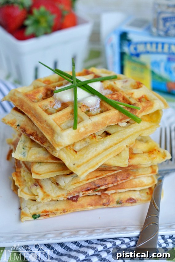 Loaded Potato Bacon Cheese Waffles 4 Individual Bacon Potato and Cheese Waffles on a cooling rack, showing their golden brown texture and savory ingredients.