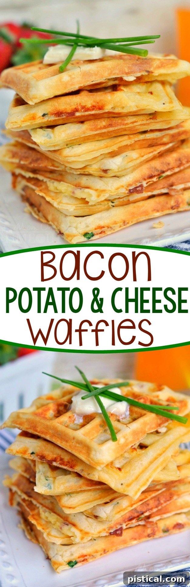 Loaded Potato Bacon Cheese Waffles 7 A large image showcasing a stack of Bacon Potato and Cheese Waffles, drizzled with syrup, and topped with fresh chives, indicating deliciousness and ease of preparation.