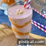 Peanut Butter and Jelly Oat Smoothie in a glass with ingredients around it