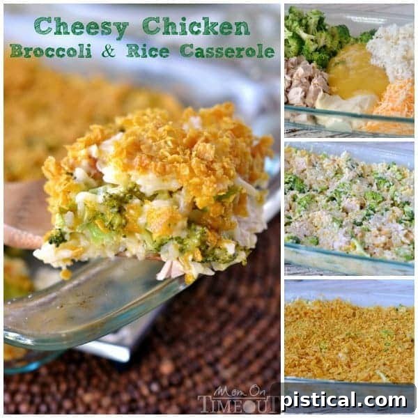 A collage of step-by-step images showing how to prepare the Cheesy Chicken Broccoli Rice Casserole, from mixing ingredients to topping and baking.