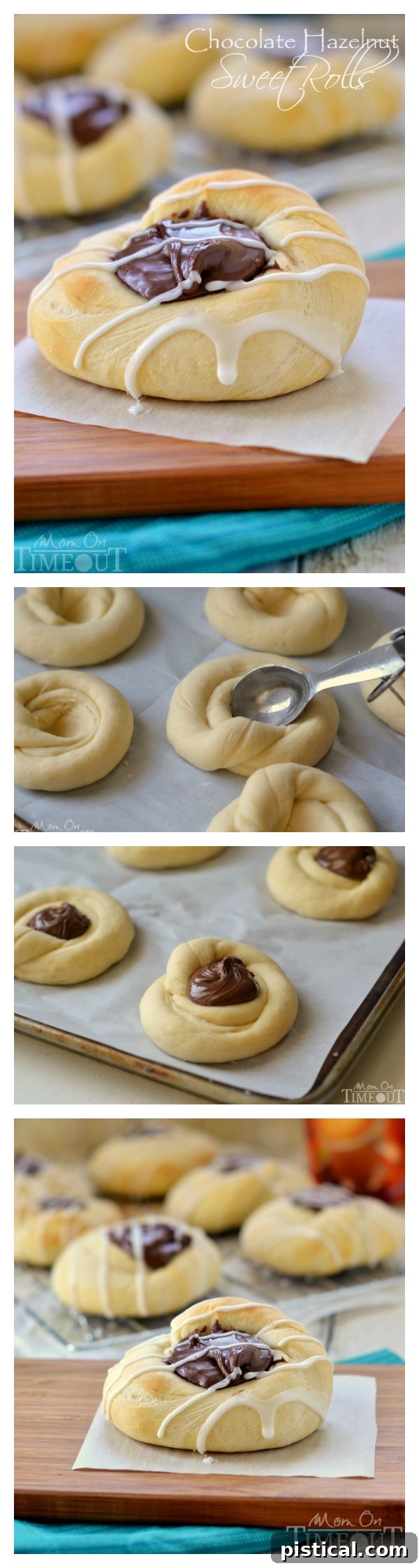 A vibrant collage showing the Chocolate Hazelnut Sweet Rolls at various stages, from dough to finished product, enticing viewers to bake.