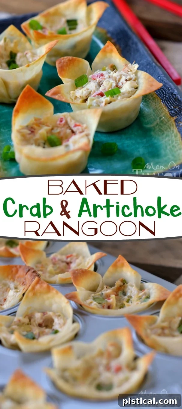 baked crab and artichoke rangoon made with cream cheese in wonton cups