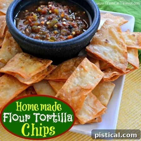 Homemade Flour Tortilla Chips recipe, perfect for dipping in creamy avocado buttermilk ranch. Easy and fresh snack idea. | MomOnTimeout.com