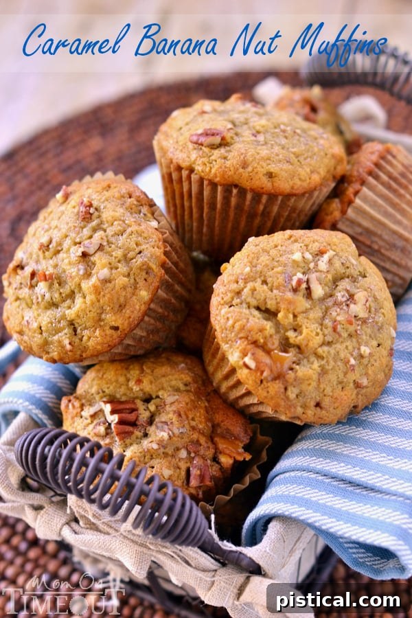 Decadent Caramel Banana Nut Muffins 3 A basket overflowing with freshly baked caramel banana nut muffins, nestled on a blue and white striped towel.