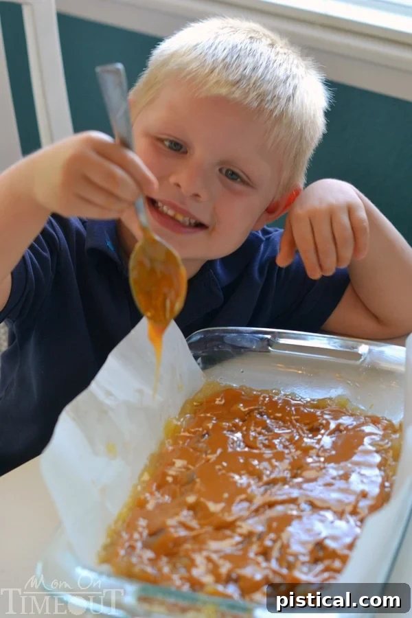 Close-up of baked Easy Caramel Apple Crumble Bars