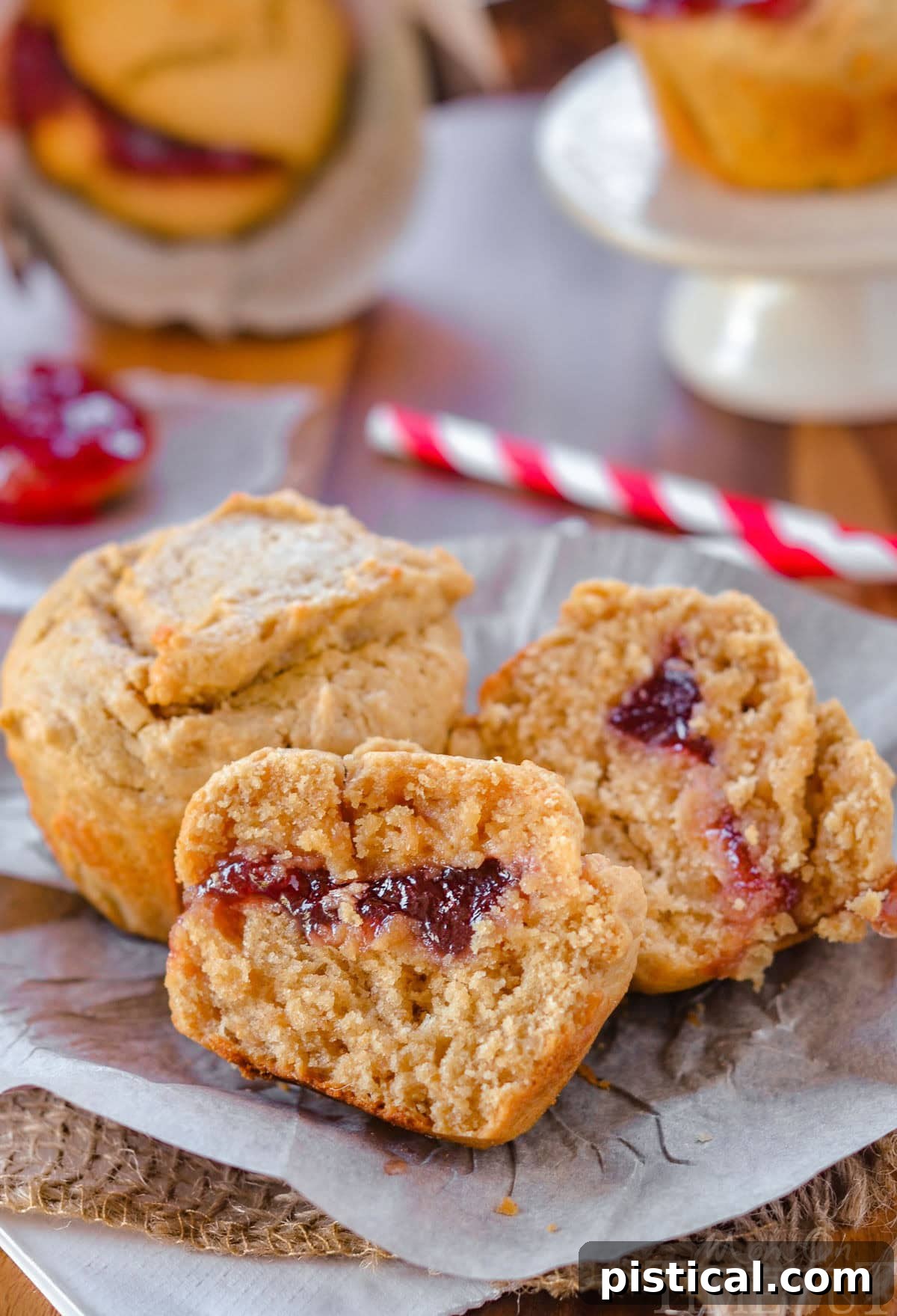 PBJ Muffins 2 Two peanut butter and jelly muffins on a piece of parchment. One muffin has been split in half to reveal the jelly center.