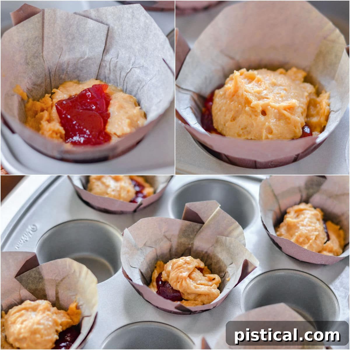 PBJ Muffins 4 Three image collage showing how to make peanut butter and jelly muffins.