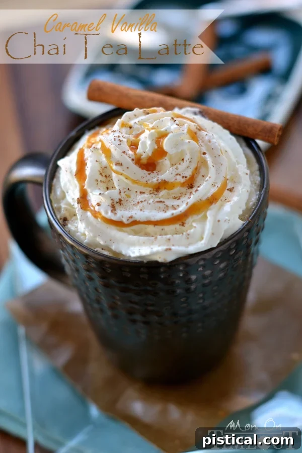 A steamy mug of Caramel Vanilla Chai Tea Latte, perfect for a cozy morning treat. Features warm caramel swirls and a rich, inviting hue.