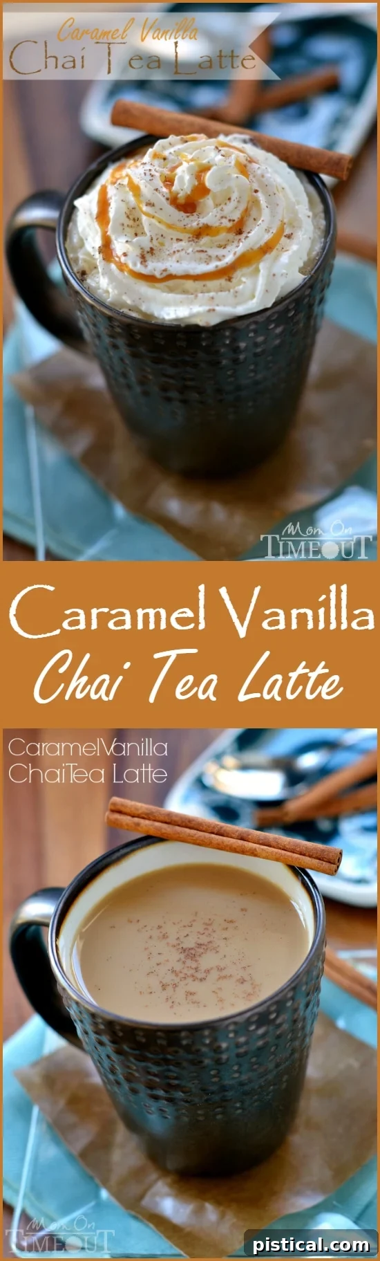 A tall glass of Caramel Vanilla Chai Tea Latte, showcasing layers and a rich, appealing color, ready to be enjoyed.