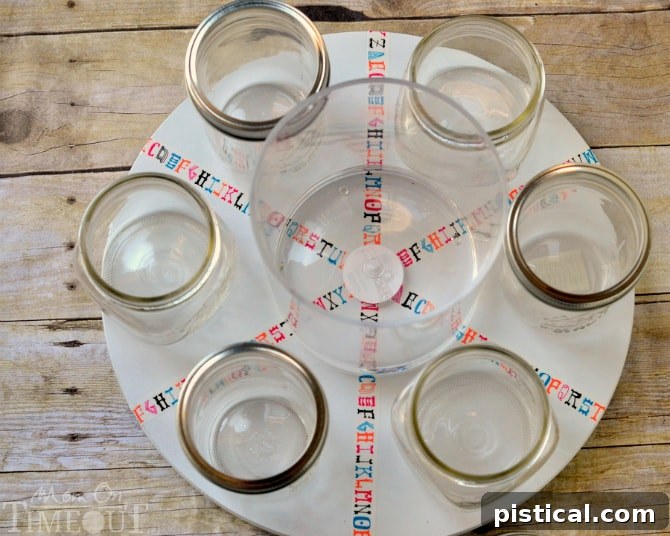 Revolving Homework Caddy 6 Planning the layout of mason jars on a homework station turntable before securing them