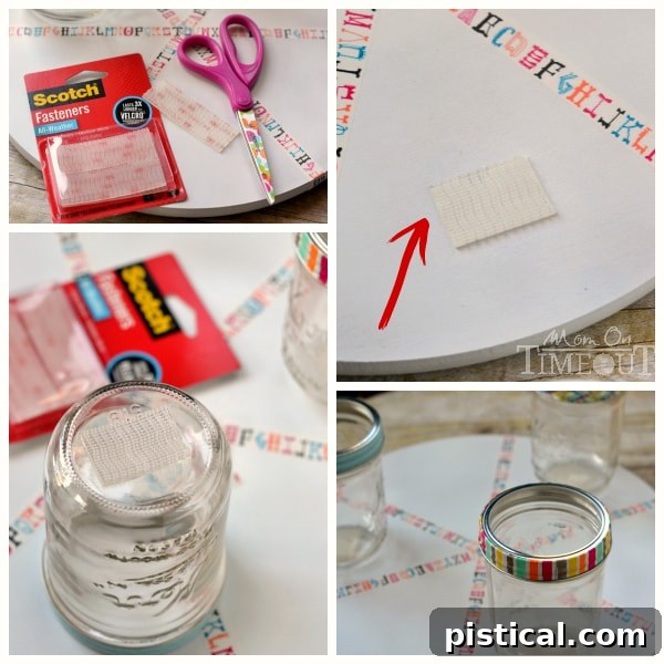 Revolving Homework Caddy 8 Applying Scotch All-Weather Fasteners to the bottom of mason jars for a DIY homework station