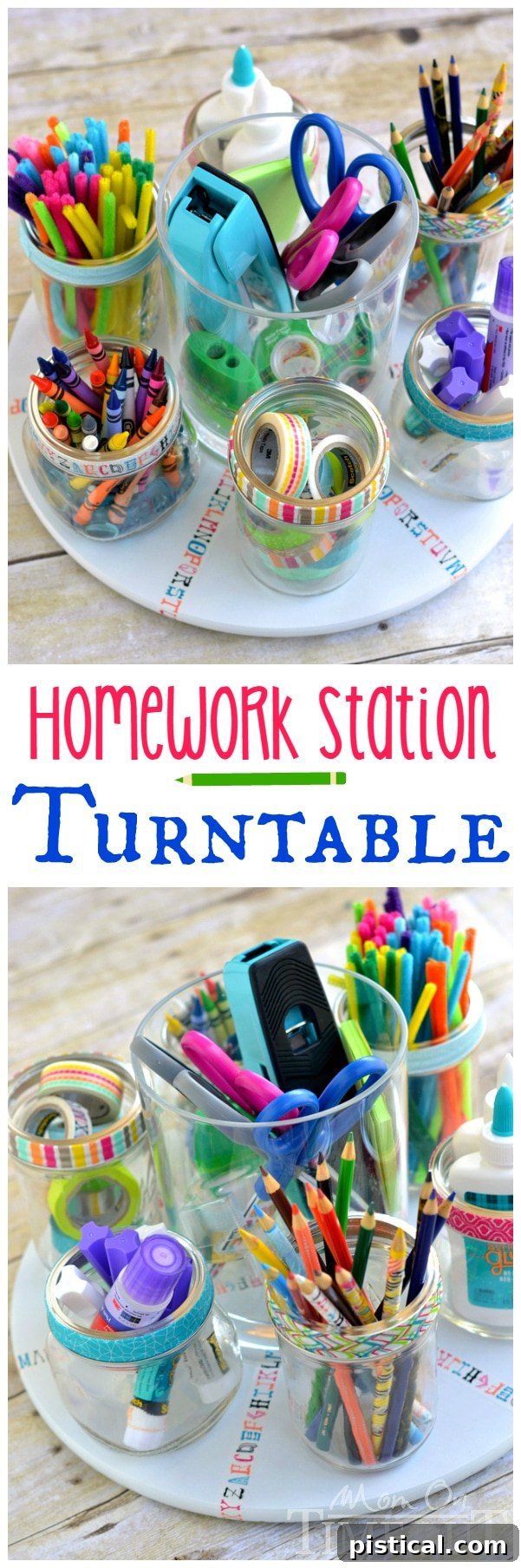 Revolving Homework Caddy 10 Homework Station Turntable filled with various school and craft supplies, ready for use