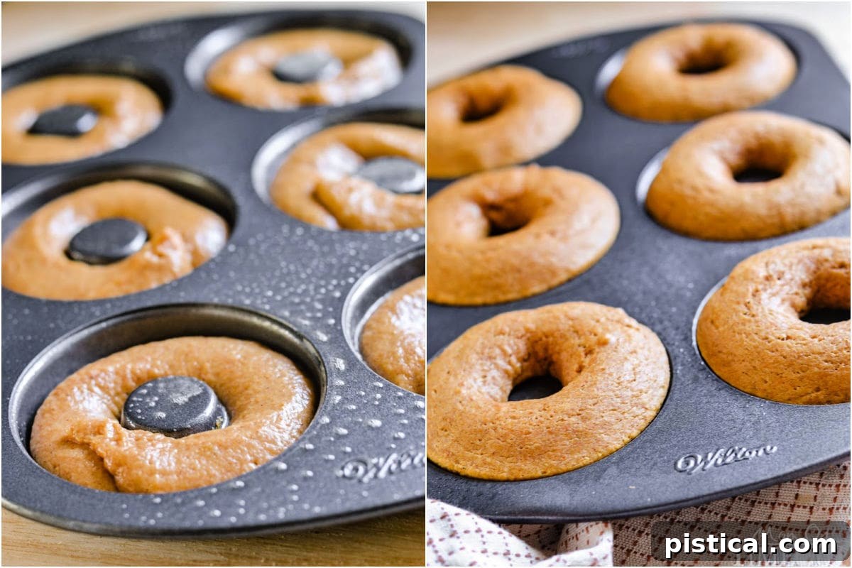 A two-image collage showcasing baked pumpkin donuts: one image displays the raw batter in a donut pan, ready for the oven, and the other shows them golden brown and perfectly baked.