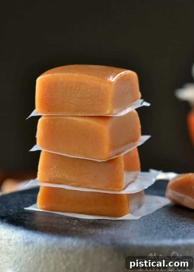 Finished Pumpkin Spice Caramels, cut into squares and unwrapped, ready to be enjoyed.