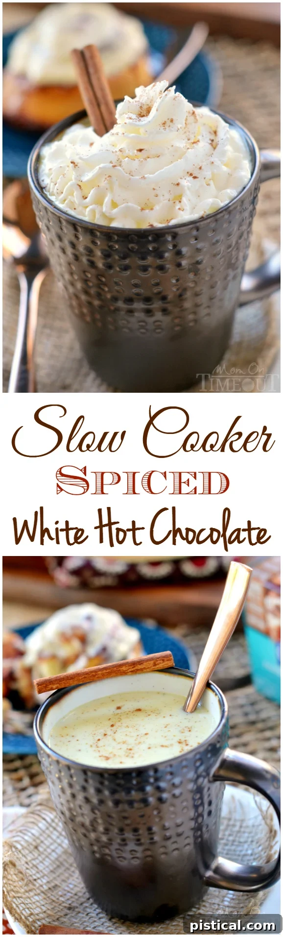 A vibrant collage showing the Slow Cooker Spiced White Hot Chocolate from different angles, showcasing its richness and appeal.