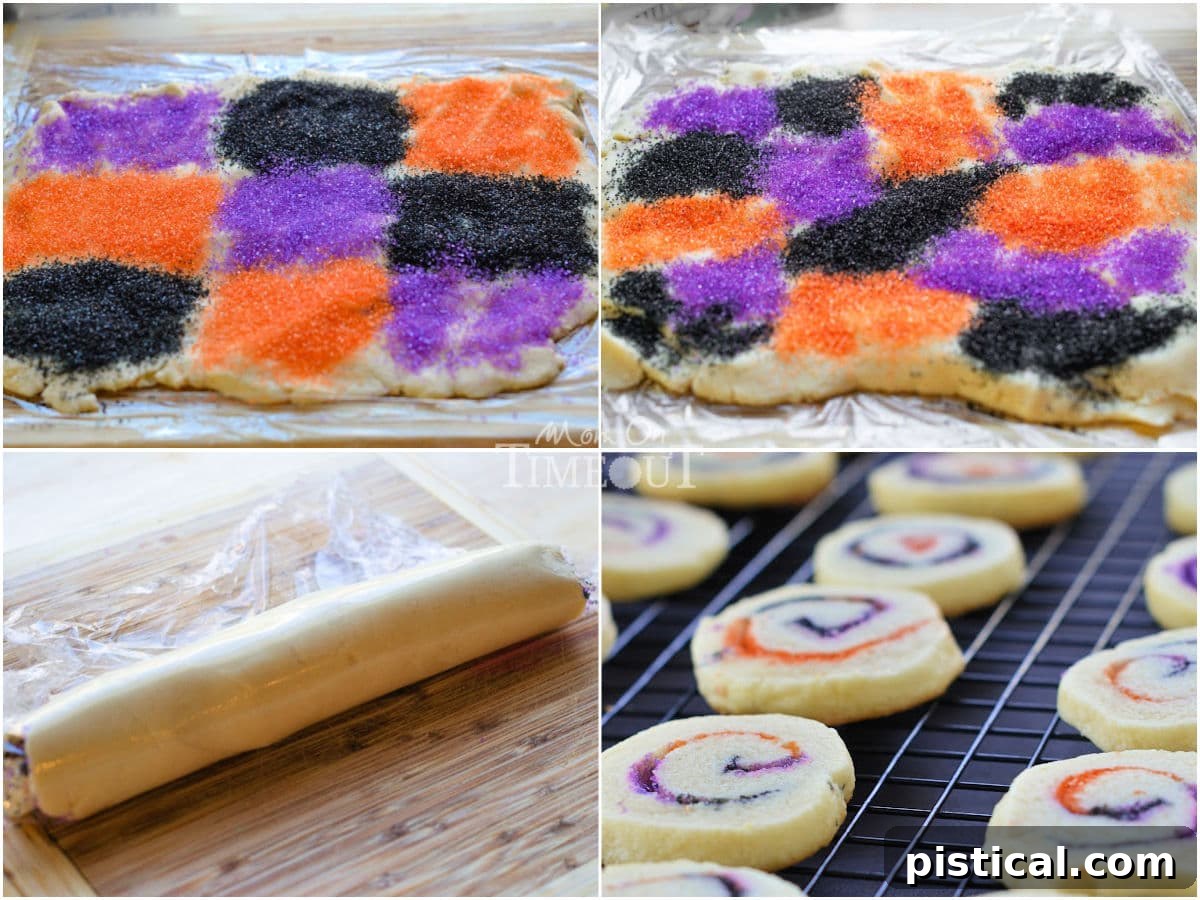 A four-image collage demonstrating the step-by-step process of how to make spiral Halloween cookies, from dough preparation to applying sugar and rolling.
