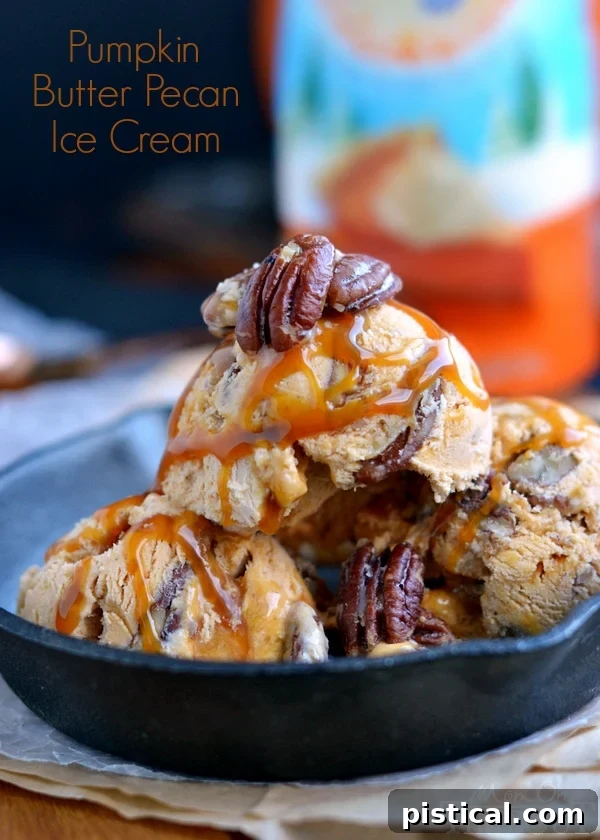 Creamy Pumpkin Butter Pecan Ice Cream with golden caramel ribbons, ready to be scooped
