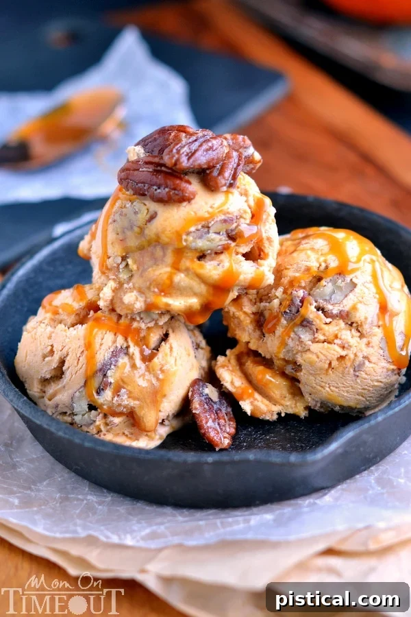 Vertical shot of a large batch of Pumpkin Butter Pecan Ice Cream in a container, ready for serving
