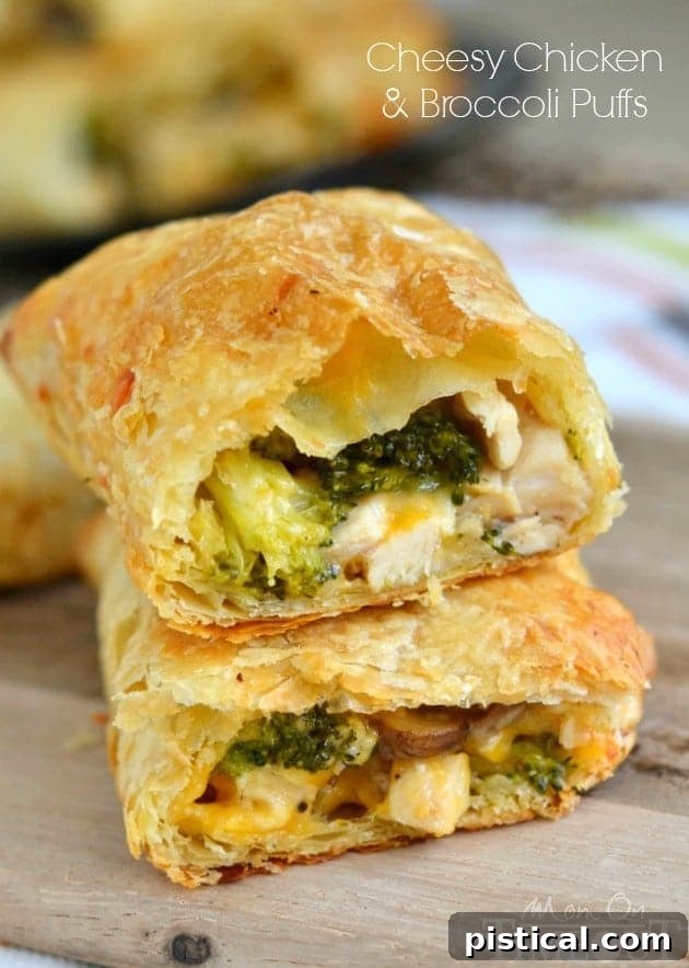 Delicious Cheesy Chicken and Broccoli Puffs, a perfect and easy dinner made with rotisserie chicken and flaky puff pastry. Ideal for family meals.