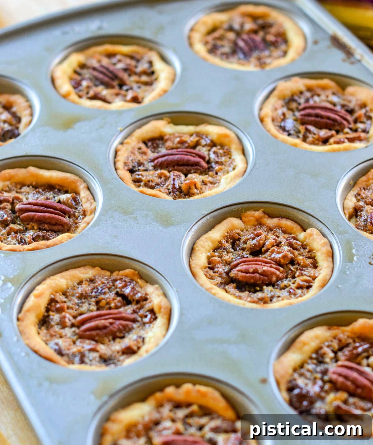 Freshly baked mini pecan pies still nestled in their muffin pan, their golden crusts and rich fillings gleaming, awaiting removal to cool.