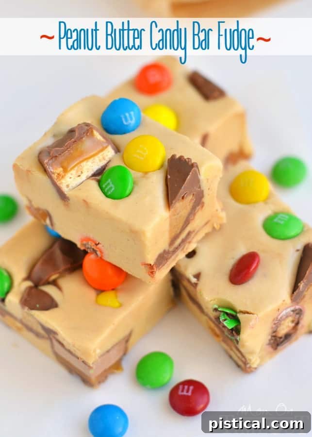 Loaded Peanut Butter Candy Bar Fudge 2 A decadent square of Peanut Butter Candy Bar Fudge, packed with an assortment of candies, ready to satisfy any sweet craving. This easy recipe is perfect for using up leftover Halloween candy!