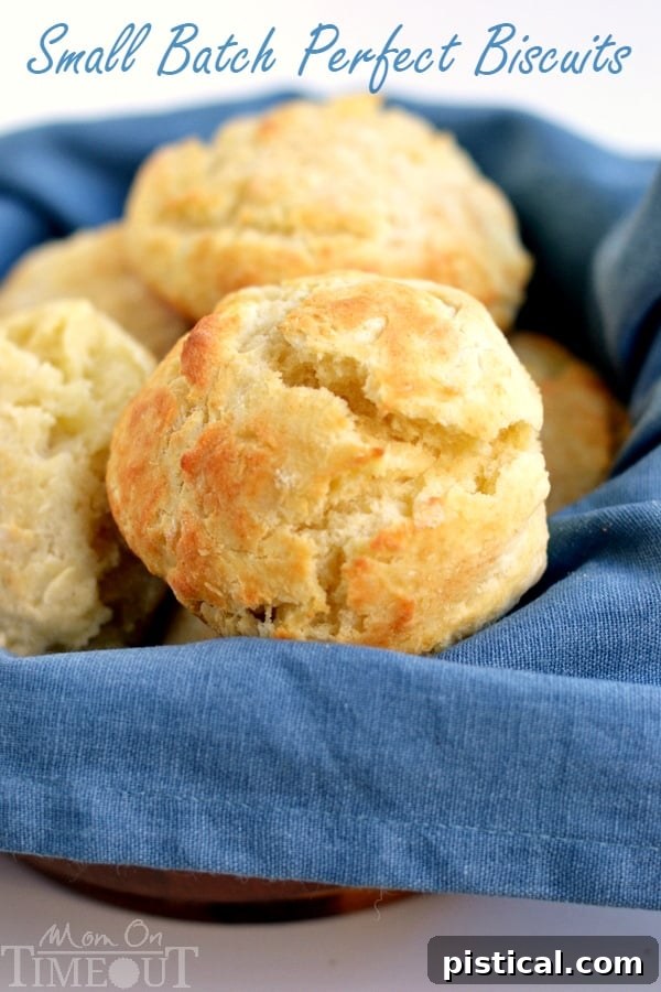 A charming basket overflowing with golden-brown, flaky small batch biscuits, delicately placed on a vibrant blue linen cloth, ready to be served.