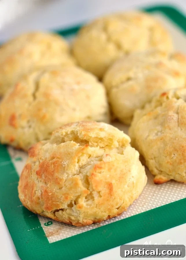 Six freshly baked, golden-brown small batch biscuits arranged neatly on a parchment-lined baking sheet, showcasing their beautiful rise and inviting texture.